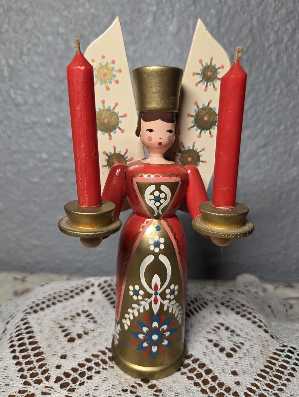 Vintage Erzgebirge Angel Candleholder German Handpainted Wood Christmas Decor